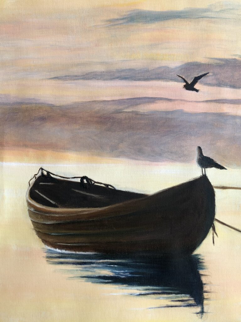 Oljemålning med titel "In sunset" Båt i solnedgång med måsar Oljemålning av Sandra Dahlberg. Såldes till privatperson 2020. Visas genom Sandra Dahlberg Art