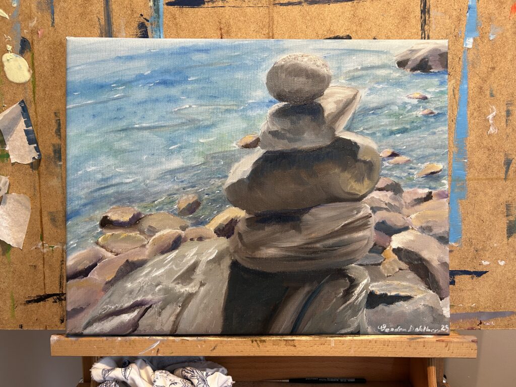 Oljemåleri titel "Sten på sten". Såld under solo utställningen "Smått & gott" hos Galleri 67 2023. Visas genom Sandra Dahlberg Art